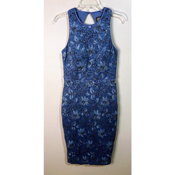Vince Camuto Blue Sequin Lace Sleeveless Sheath Dress Size 4 - Picture 8 of 10